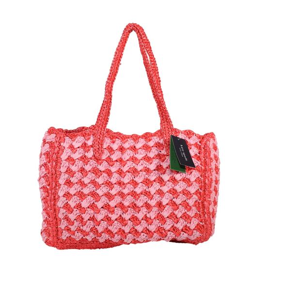 Kate Spade High Tide Striped Crochet Raffia Medium Tote Bag - Ladybug - NWT - Picture 2 of 11